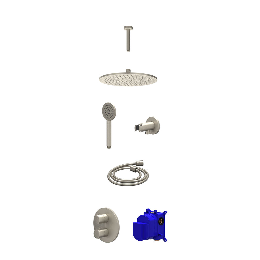 IVY Regendoucheset inbouwthermostaatkraan met 2-weg stop-omstel, plafondbuis 15cm, R30cmME, houder met uitlaat, doucheslang 150cm en satin spray handdouche – Gebr. nickel PVD