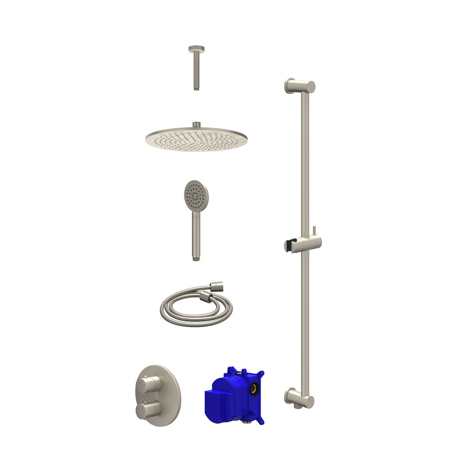 IVY Regendoucheset inbouwthermostaatkraan met 2-weg stop-omstel, plafondbuis 15cm, R30cmME, glijstang met uitlaat, doucheslang 150cm en satin spray handdouche – Gebr. nickel PVD