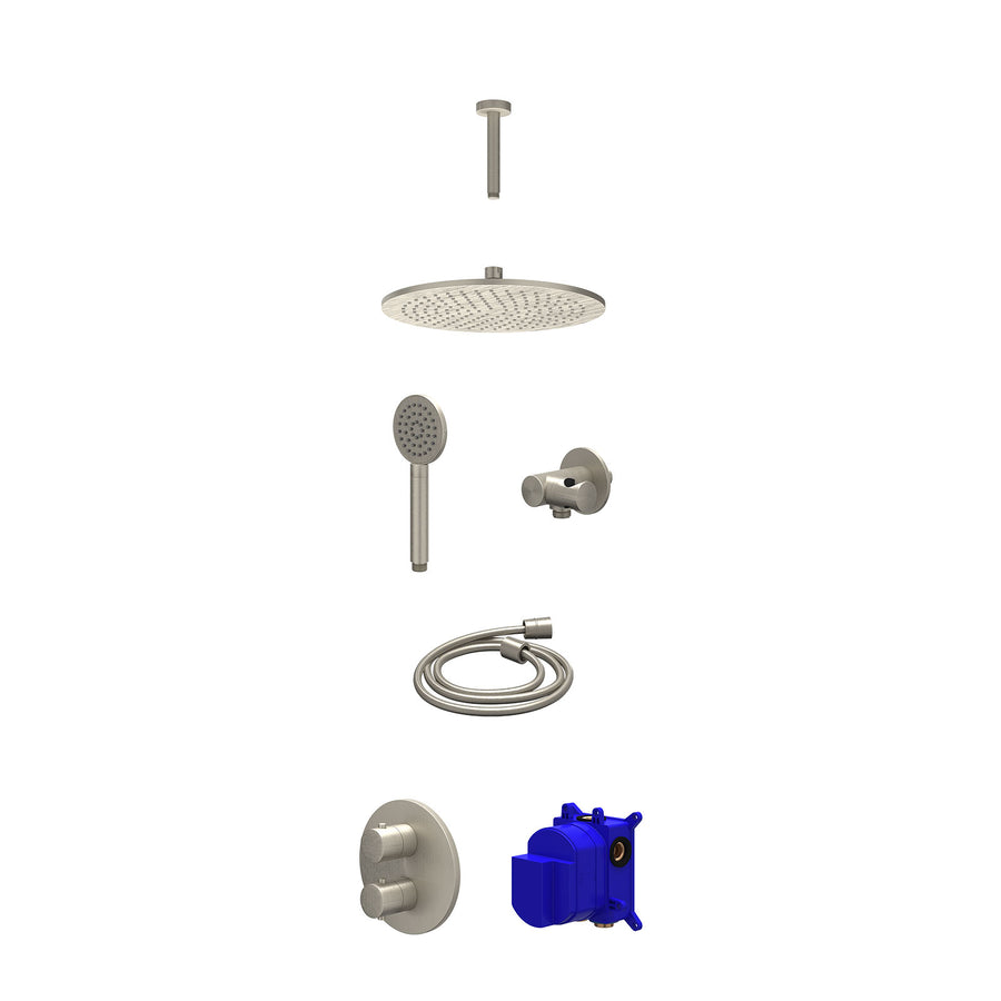 IVY Regendoucheset inbouwthermostaatkraan met 2-weg stop-omstel, plafondbuis 15cm, R30cmME, verstelbare steun met geïnt. uitlaat, doucheslang 150cm en satin spray handdouche – Gebr