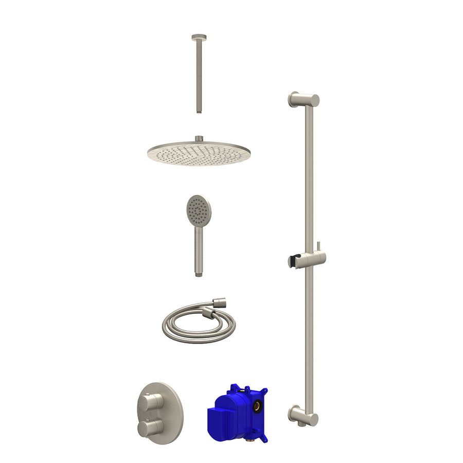 IVY Regendoucheset inbouwthermostaatkraan met 2-weg stop-omstel, plafondbuis 30cm, R30cmME, glijstang met uitlaat, doucheslang 150cm en satin spray handdouche – Gebr. nickel PVD