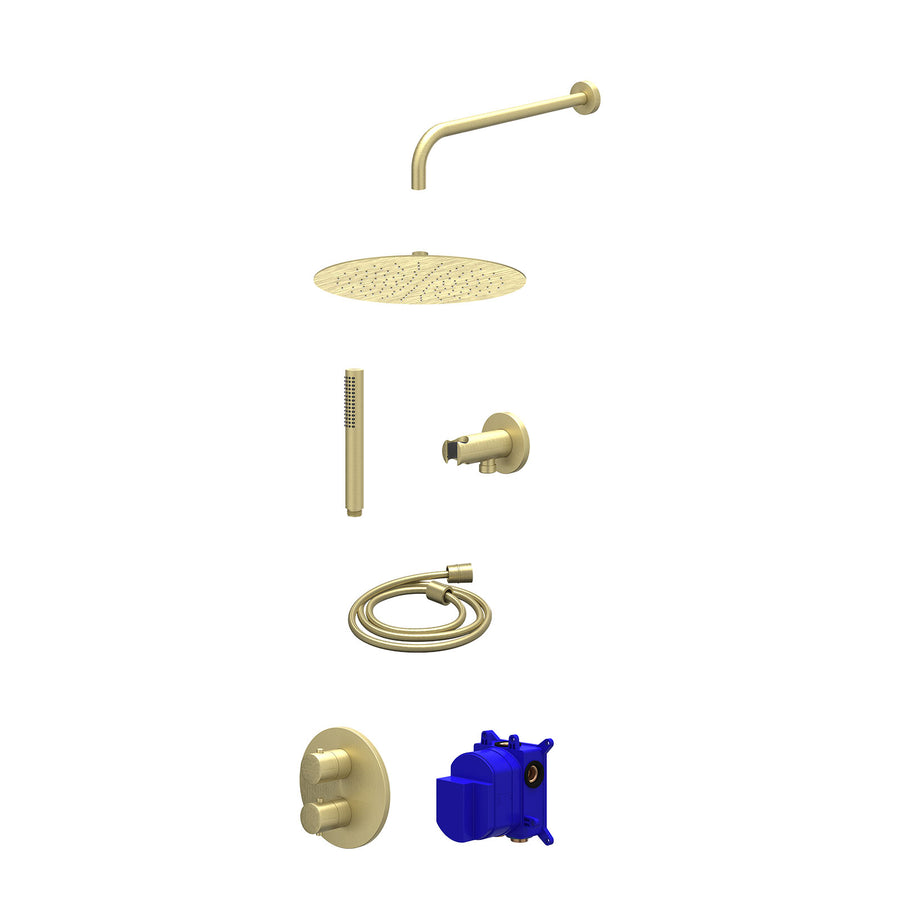 IVY Regendoucheset inbouwthermostaatkraan met 2-weg stop-omstel, wandarm, R30cmSL, houder met uitlaat, doucheslang 150cm en staafmodel – Gebr. mat goud PVD