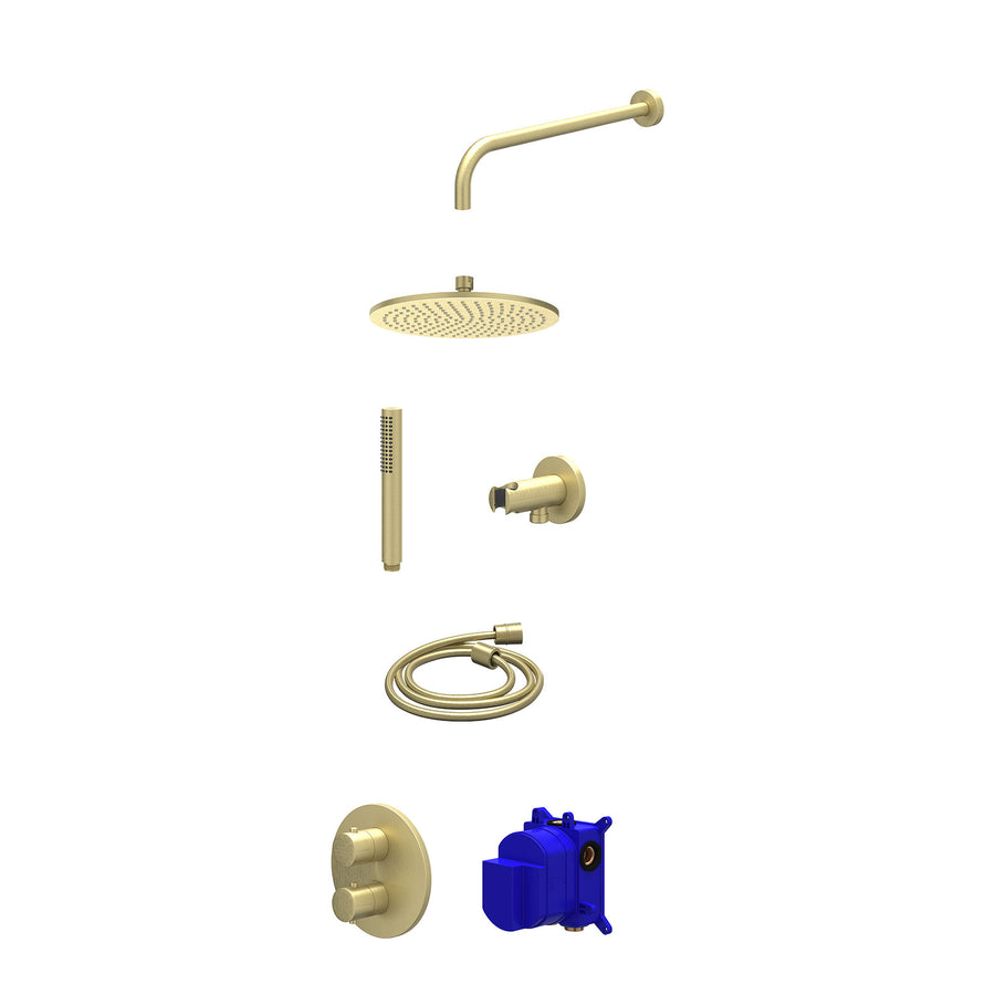IVY Regendoucheset inbouwthermostaatkraan met 2-weg stop-omstel, wandarm, R25cmME, houder met uitlaat, doucheslang 150cm en staafmodel – Gebr. mat goud PVD