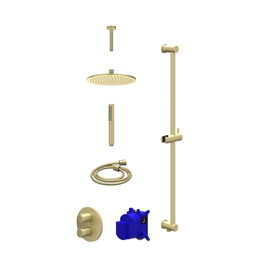 IVY Regendoucheset inbouwthermostaatkraan met 2-weg stop-omstel, plafondbuis 15cm, R25cmME, glijstang met uitlaat, doucheslang 150cm en staafmodel – Gebr. mat goud PVD