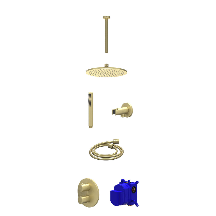 IVY Regendoucheset inbouwthermostaatkraan met 2-weg stop-omstel, plafondbuis 30cm, R25cmME, houder met uitlaat, doucheslang 150cm en staafmodel – Gebr. mat goud PVD