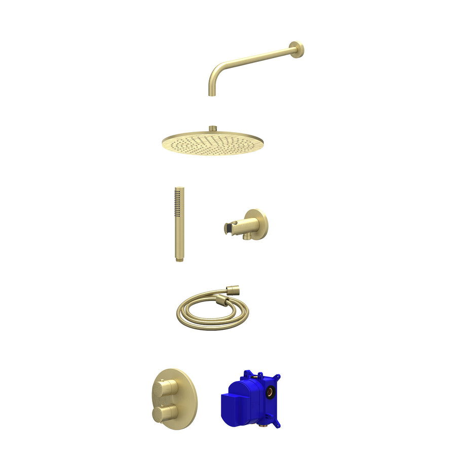 IVY Regendoucheset inbouwthermostaatkraan met 2-weg stop-omstel, wandarm, R30cmME, houder met uitlaat, doucheslang 150cm en staafmodel – Gebr. mat goud PVD