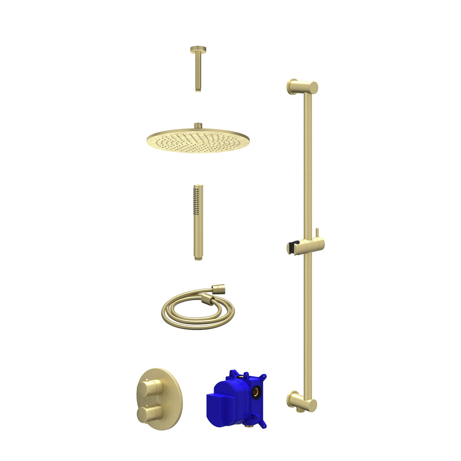 IVY Regendoucheset inbouwthermostaatkraan met 2-weg stop-omstel, plafondbuis 15cm, R30cmME, glijstang met uitlaat, doucheslang 150cm en staafmodel – Gebr. mat goud PVD