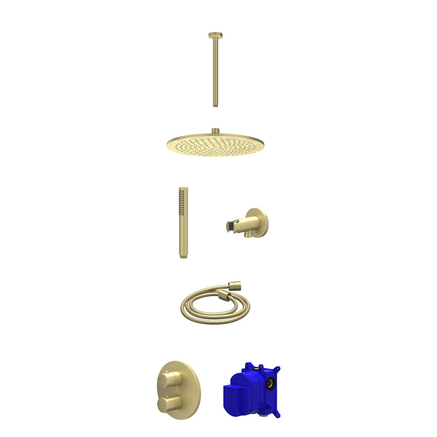 IVY Regendoucheset inbouwthermostaatkraan met 2-weg stop-omstel, plafondbuis 30cm, R30cmME, houder met uitlaat, doucheslang 150cm en staafmodel – Gebr. mat goud PVD