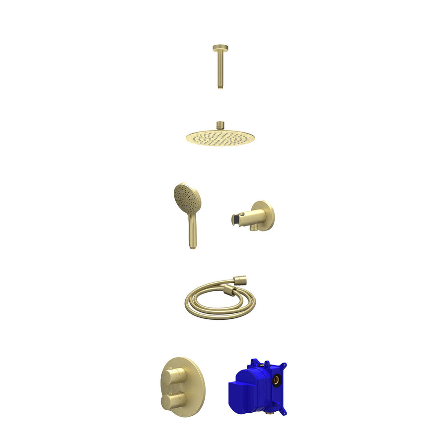 IVY Regendoucheset inbouwthermostaatkraan met 2-weg stop-omstel, plafondbuis 15cm, R20cmSL, houder met uitlaat, doucheslang 150cm en 3-standen handdouche – Gebr. mat goud PVD