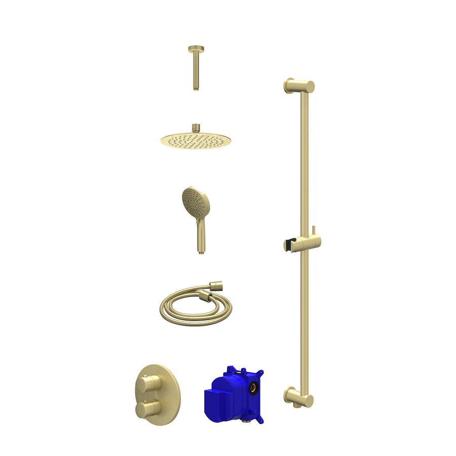 IVY Regendoucheset inbouwthermostaatkraan met 2-weg stop-omstel, plafondbuis 15cm, R20cmSL, glijstang met uitlaat, doucheslang 150cm en 3-standen handdouche – Gebr. mat goud PVD