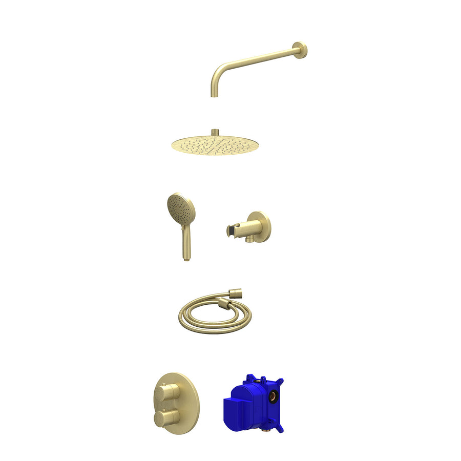 IVY Regendoucheset inbouwthermostaatkraan met 2-weg stop-omstel, wandarm, R25cmSL, houder met uitlaat, doucheslang 150cm en 3-standen handdouche – Gebr. mat goud PVD