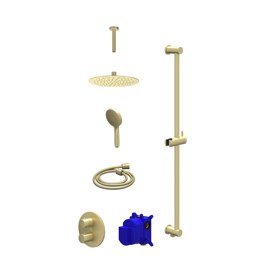 IVY Regendoucheset inbouwthermostaatkraan met 2-weg stop-omstel, plafondbuis 15cm, R25cmSL, glijstang met uitlaat, doucheslang 150cm en 3-standen handdouche – Gebr. mat goud PVD