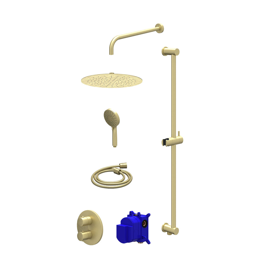 IVY Regendoucheset inbouwthermostaatkraan met 2-weg stop-omstel, wandarm, R30cmSL, glijstang met uitlaat, doucheslang 150cm en 3-standen handdouche – Gebr. mat goud PVD