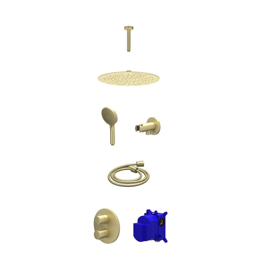 IVY Regendoucheset inbouwthermostaatkraan met 2-weg stop-omstel, plafondbuis 15cm, R30cmSL, houder met uitlaat, doucheslang 150cm en 3-standen handdouche – Gebr. mat goud PVD