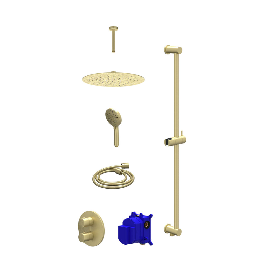 IVY Regendoucheset inbouwthermostaatkraan met 2-weg stop-omstel, plafondbuis 15cm, R30cmSL, glijstang met uitlaat, doucheslang 150cm en 3-standen handdouche – Gebr. mat goud PVD