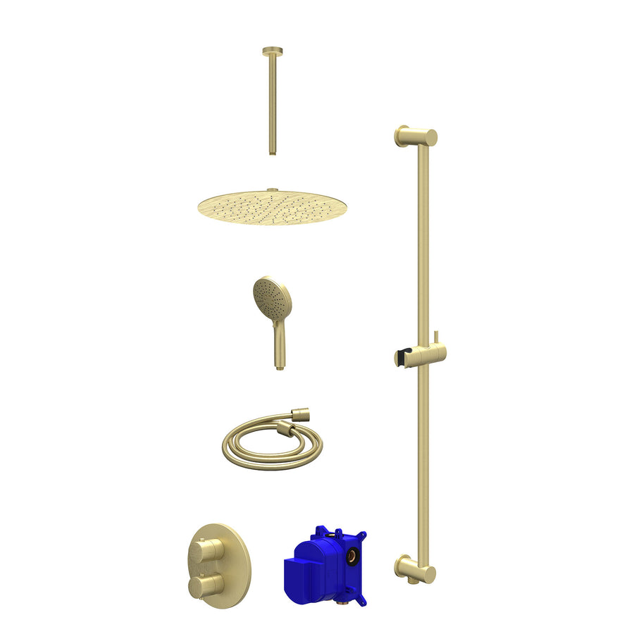 IVY Regendoucheset inbouwthermostaatkraan met 2-weg stop-omstel, plafondbuis 30cm, R30cmSL, glijstang met uitlaat, doucheslang 150cm en 3-standen handdouche – Gebr. mat goud PVD