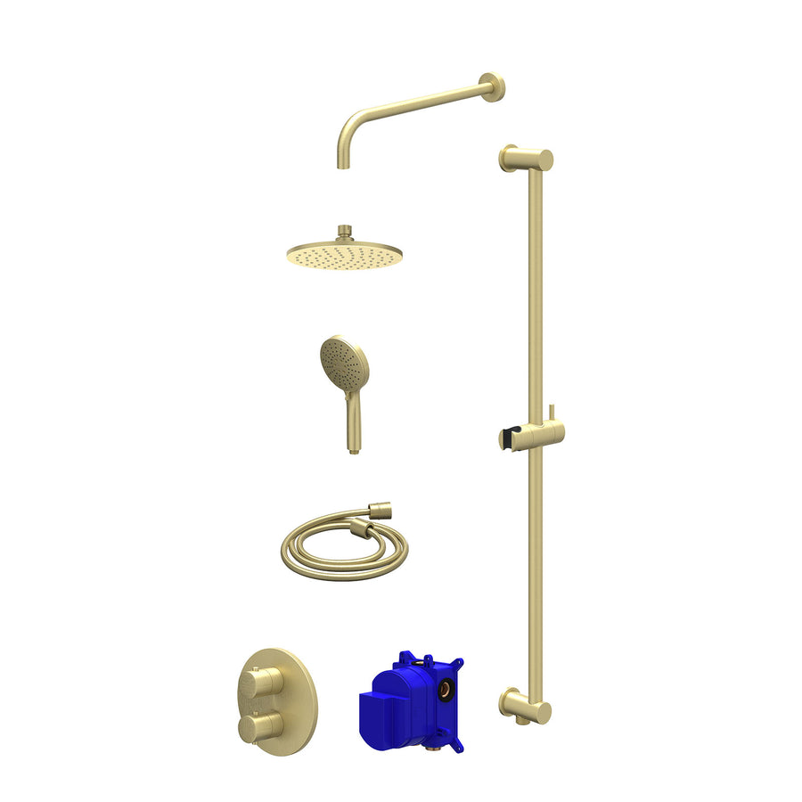 IVY Regendoucheset inbouwthermostaatkraan met 2-weg stop-omstel, wandarm, R20cmME, glijstang met uitlaat, doucheslang 150cm en 3-standen handdouche – Gebr. mat goud PVD