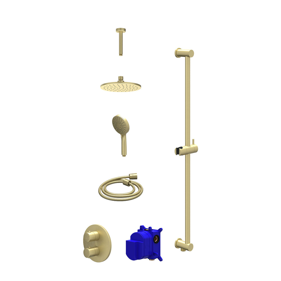 IVY Regendoucheset inbouwthermostaatkraan met 2-weg stop-omstel, plafondbuis 15cm, R20cmME, glijstang met uitlaat, doucheslang 150cm en 3-standen handdouche – Gebr. mat goud PVD