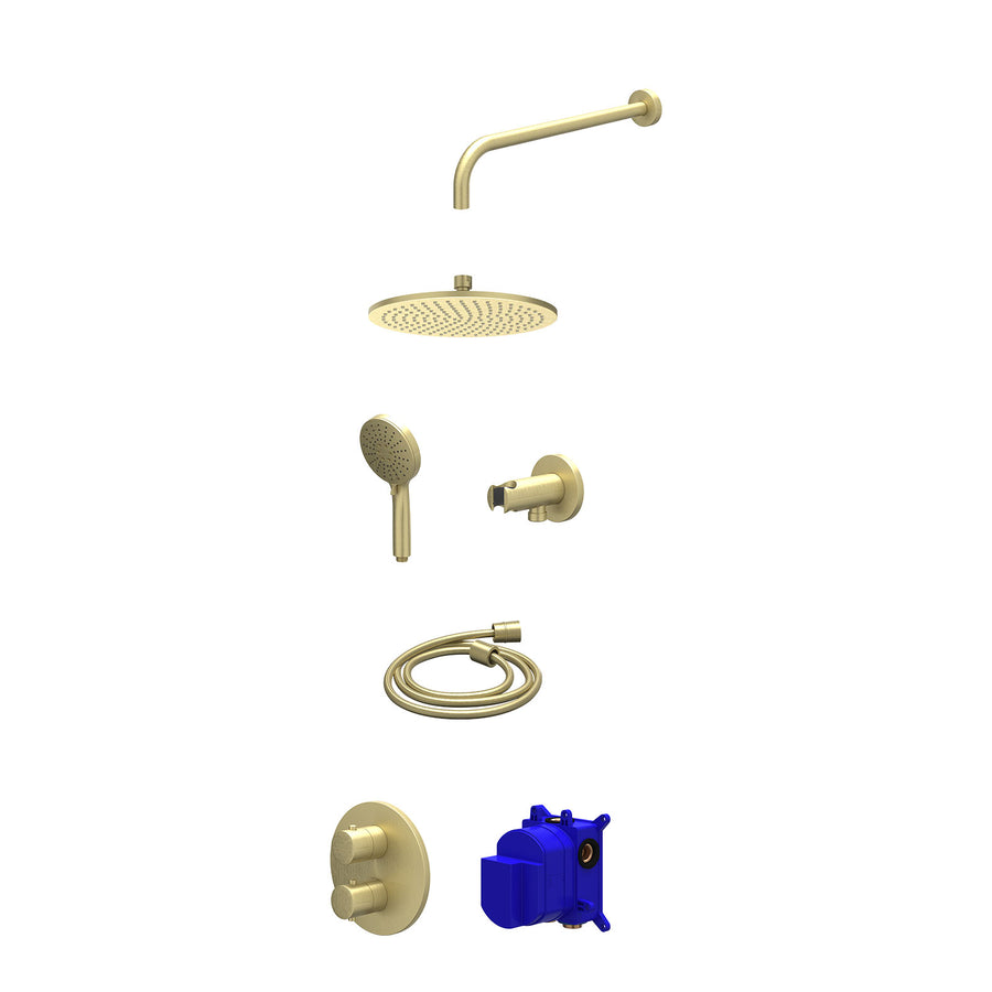 IVY Regendoucheset inbouwthermostaatkraan met 2-weg stop-omstel, wandarm, R25cmME, houder met uitlaat, doucheslang 150cm en 3-standen handdouche – Gebr. mat goud PVD