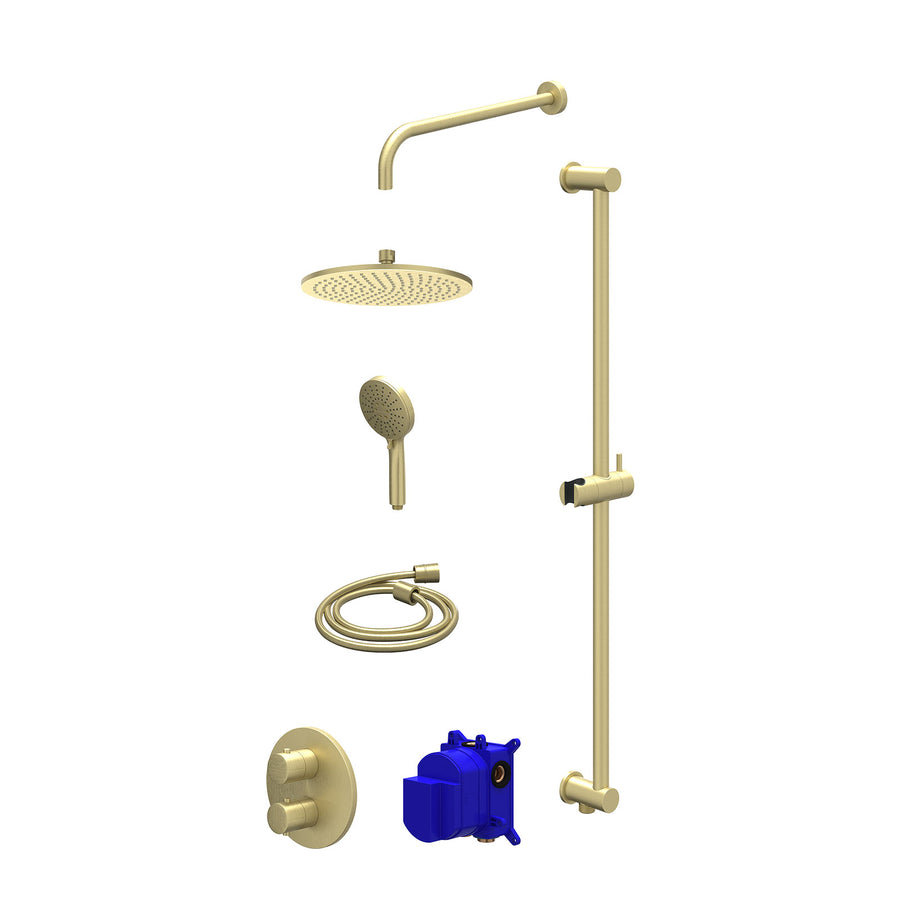 IVY Regendoucheset inbouwthermostaatkraan met 2-weg stop-omstel, wandarm, R25cmME, glijstang met uitlaat, doucheslang 150cm en 3-standen handdouche – Gebr. mat goud PVD