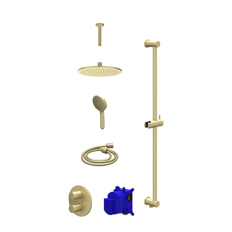 IVY Regendoucheset inbouwthermostaatkraan met 2-weg stop-omstel, plafondbuis 15cm, R25cmME, glijstang met uitlaat, doucheslang 150cm en 3-standen handdouche – Gebr. mat goud PVD