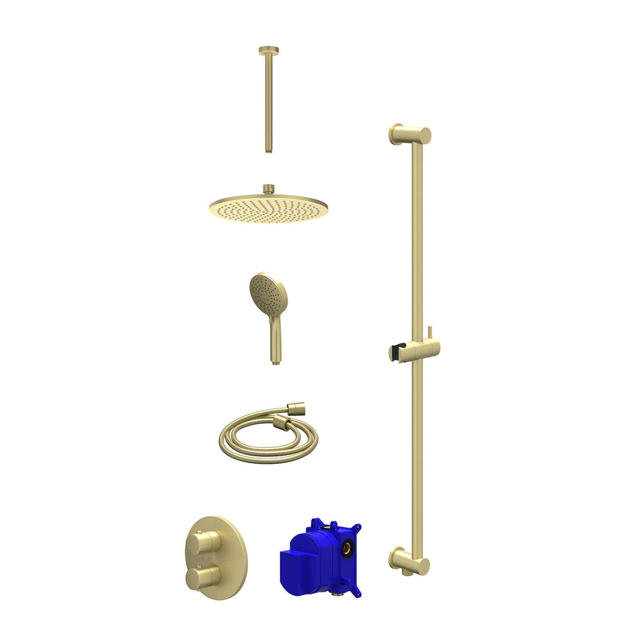 IVY Regendoucheset inbouwthermostaatkraan met 2-weg stop-omstel, plafondbuis 30cm, R25cmME, glijstang met uitlaat, doucheslang 150cm en 3-standen handdouche – Gebr. mat goud PVD