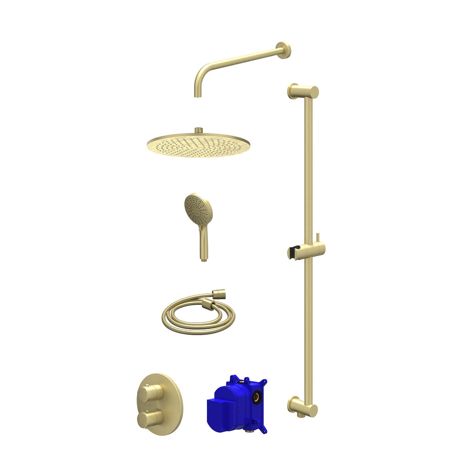 IVY Regendoucheset inbouwthermostaatkraan met 2-weg stop-omstel, wandarm, R30cmME, glijstang met uitlaat, doucheslang 150cm en 3-standen handdouche – Gebr. mat goud PVD