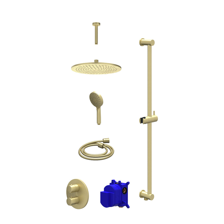 IVY Regendoucheset inbouwthermostaatkraan met 2-weg stop-omstel, plafondbuis 15cm, R30cmME, glijstang met uitlaat, doucheslang 150cm en 3-standen handdouche – Gebr. mat goud PVD