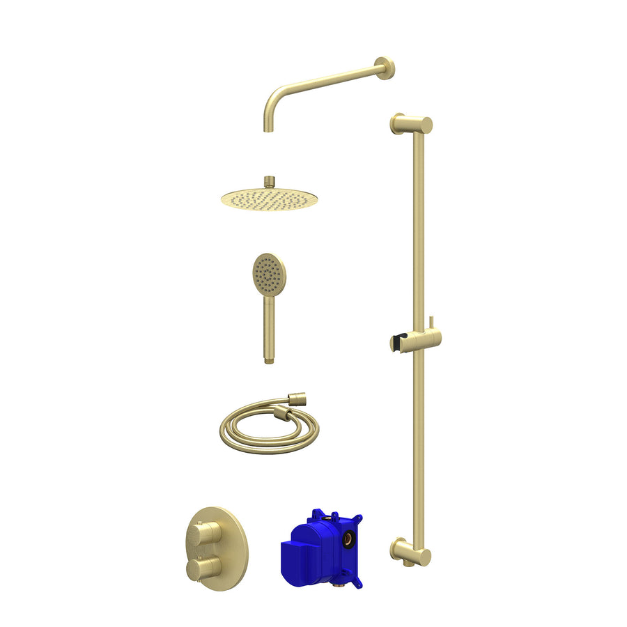 IVY Regendoucheset inbouwthermostaatkraan met 2-weg stop-omstel, wandarm, R20cmSL, glijstang met uitlaat, doucheslang 150cm en satin spray handdouche – Gebr. mat goud PVD