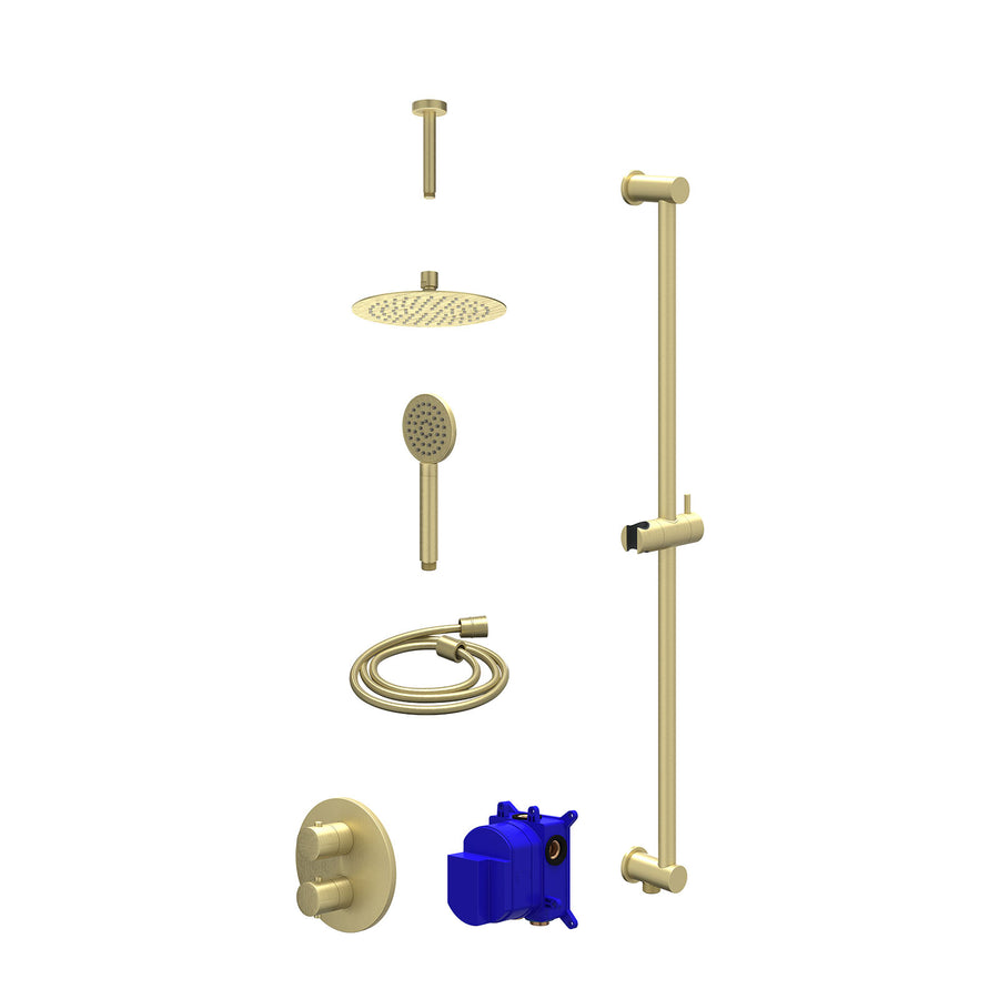 IVY Regendoucheset inbouwthermostaatkraan met 2-weg stop-omstel, plafondbuis 15cm, R20cmSL, glijstang met uitlaat, doucheslang 150cm en satin spray handdouche – Gebr. mat goud PVD