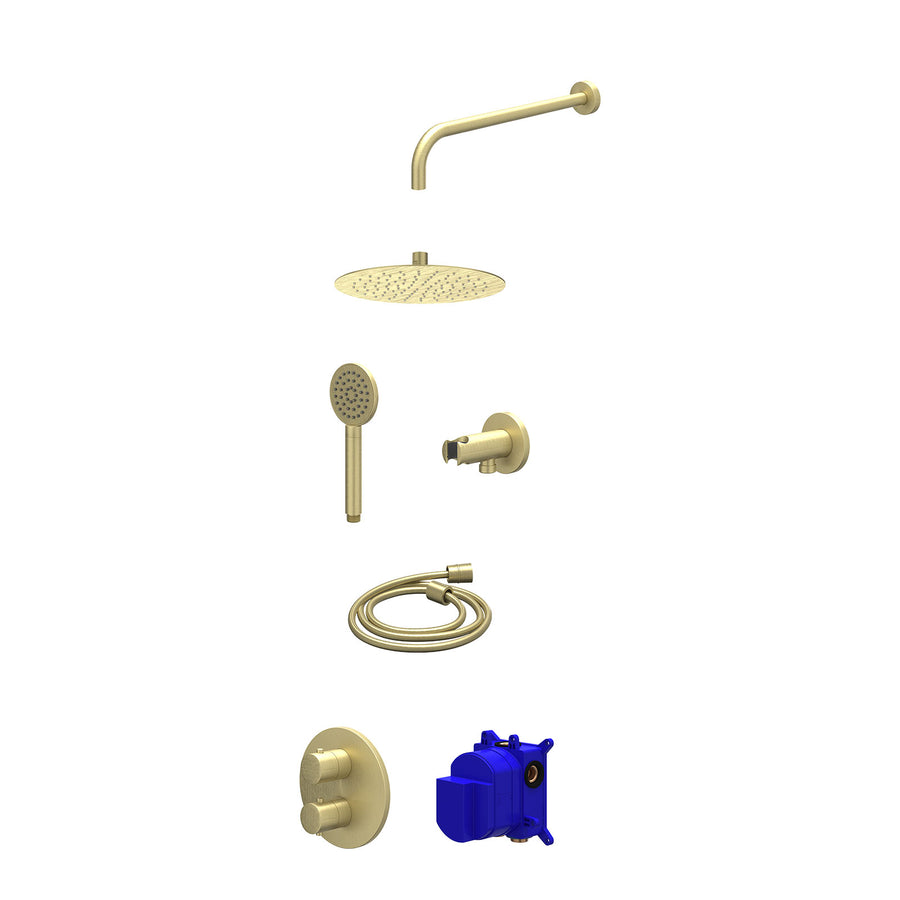 IVY Regendoucheset inbouwthermostaatkraan met 2-weg stop-omstel, wandarm, R25cmSL, houder met uitlaat, doucheslang 150cm en satin spray handdouche – Gebr. mat goud PVD
