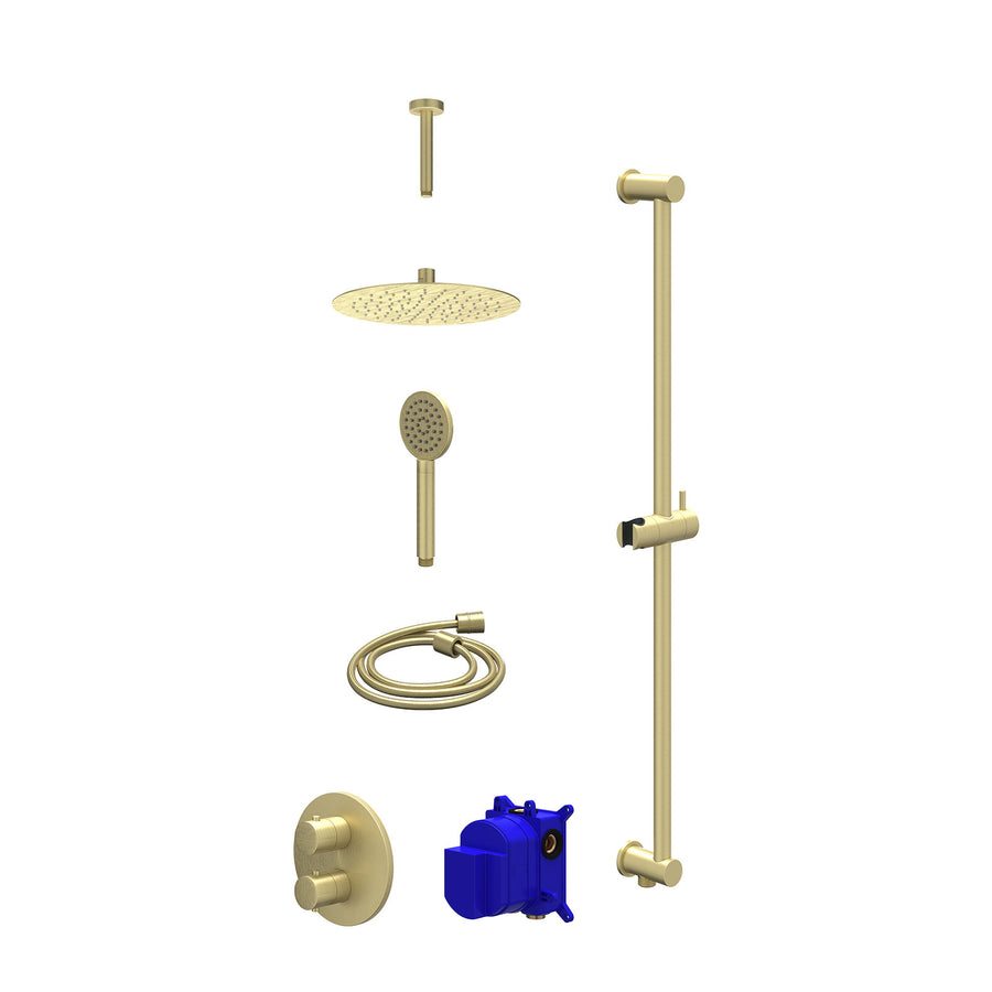 IVY Regendoucheset inbouwthermostaatkraan met 2-weg stop-omstel, plafondbuis 15cm, R25cmSL, glijstang met uitlaat, doucheslang 150cm en satin spray handdouche – Gebr. mat goud PVD