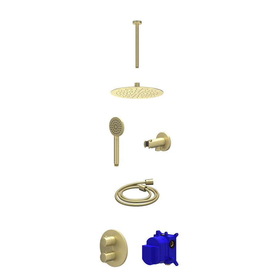 IVY Regendoucheset inbouwthermostaatkraan met 2-weg stop-omstel, plafondbuis 30cm, R25cmSL, houder met uitlaat, doucheslang 150cm en satin spray handdouche – Gebr. mat goud PVD