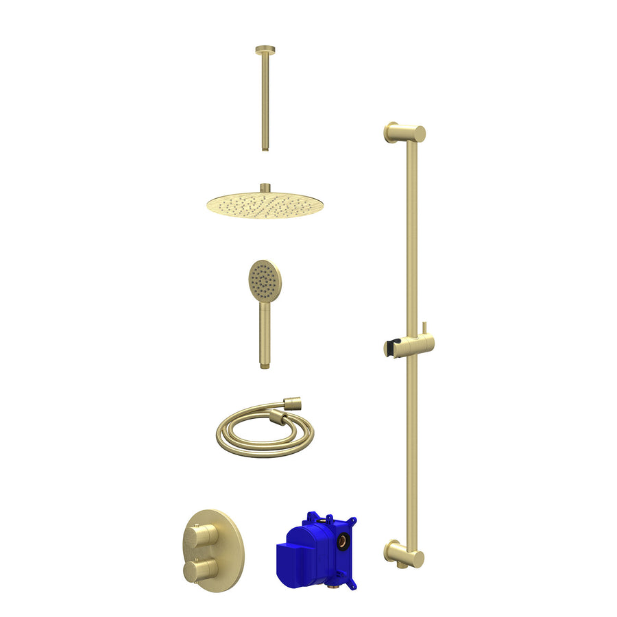 IVY Regendoucheset inbouwthermostaatkraan met 2-weg stop-omstel, plafondbuis 30cm, R25cmSL, glijstang met uitlaat, doucheslang 150cm en satin spray handdouche – Gebr. mat goud PVD