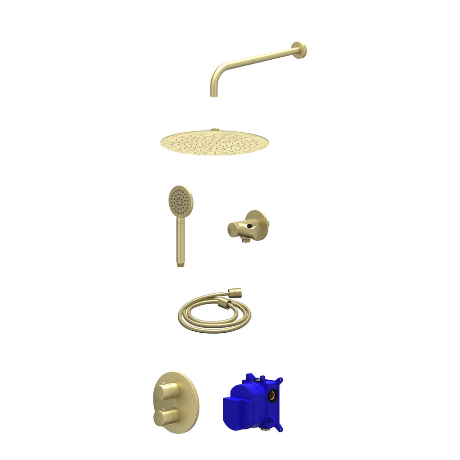 IVY Regendoucheset inbouwthermostaatkraan met 2-weg stop-omstel, wandarm, R30cmSL, verstelbare steun met geïnt. uitlaat, doucheslang 150cm en satin spray handdouche – Gebr. mat gou