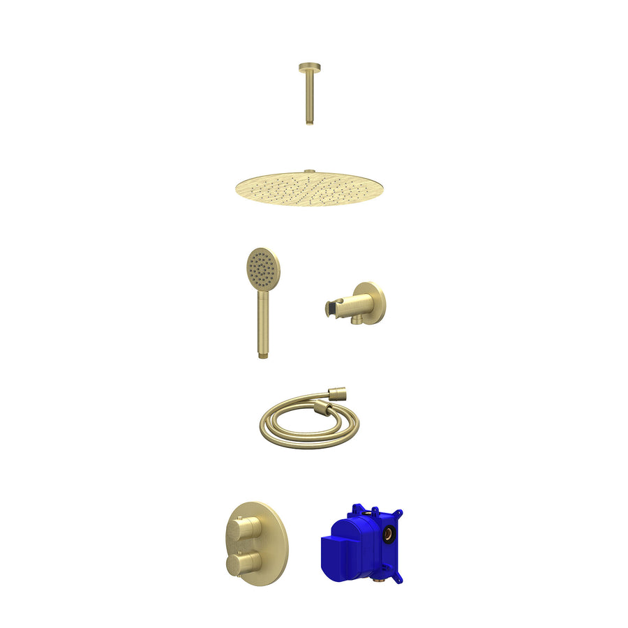 IVY Regendoucheset inbouwthermostaatkraan met 2-weg stop-omstel, plafondbuis 15cm, R30cmSL, houder met uitlaat, doucheslang 150cm en satin spray handdouche – Gebr. mat goud PVD