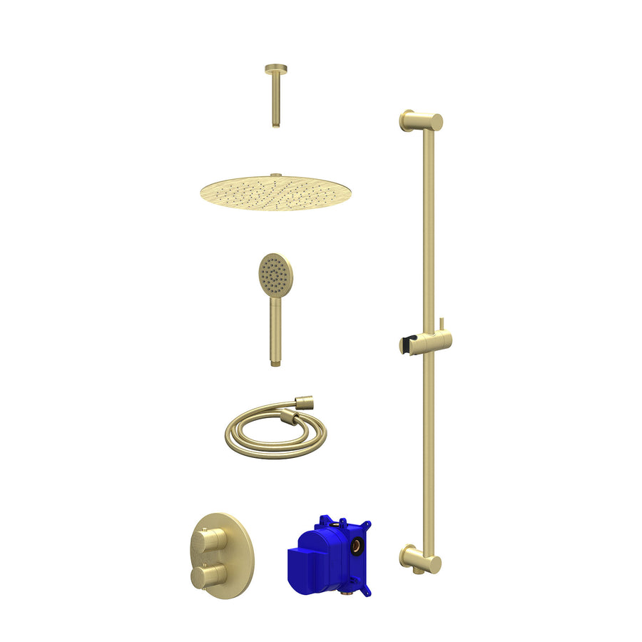 IVY Regendoucheset inbouwthermostaatkraan met 2-weg stop-omstel, plafondbuis 15cm, R30cmSL, glijstang met uitlaat, doucheslang 150cm en satin spray handdouche – Gebr. mat goud PVD