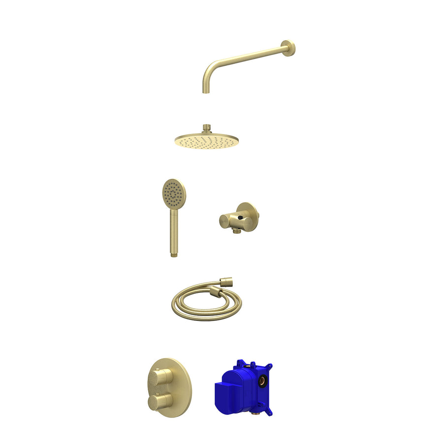 IVY Regendoucheset inbouwthermostaatkraan met 2-weg stop-omstel, wandarm, R20cmME, verstelbare steun met geïnt. uitlaat, doucheslang 150cm en satin spray handdouche – Gebr. mat gou