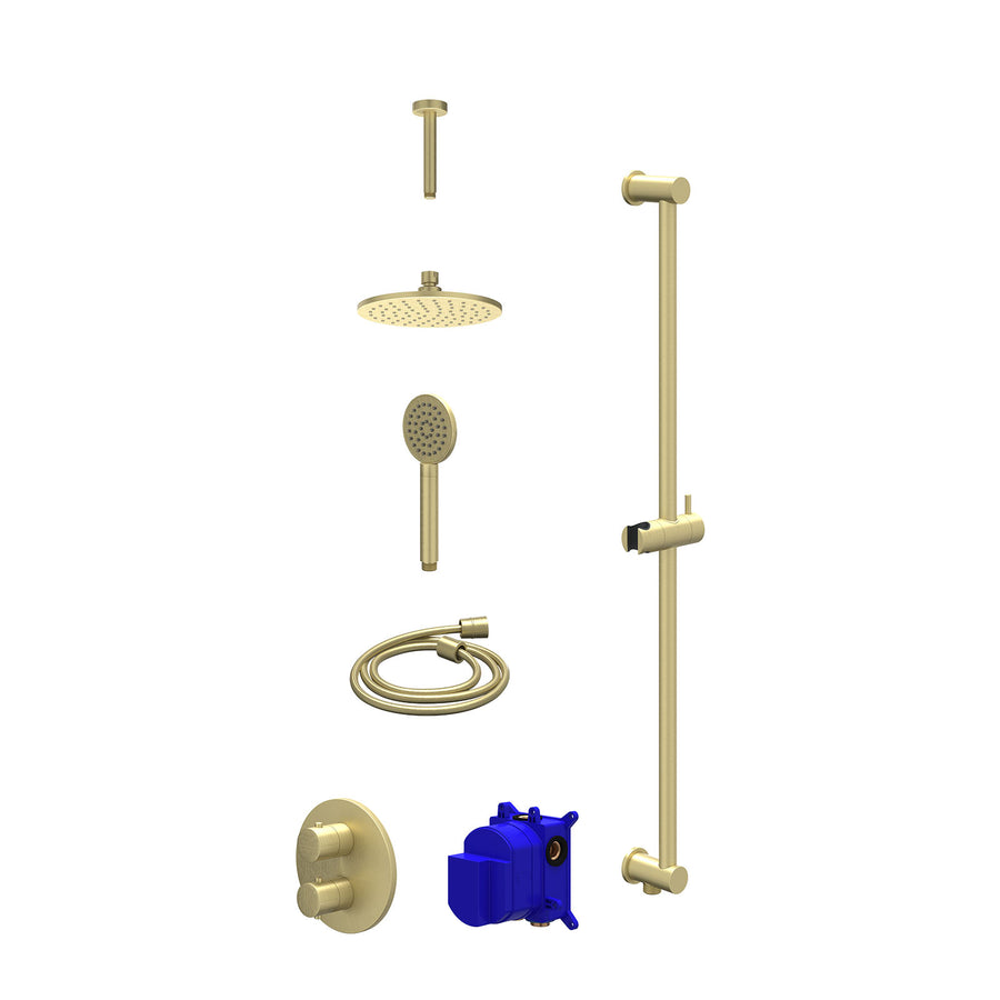 IVY Regendoucheset inbouwthermostaatkraan met 2-weg stop-omstel, plafondbuis 15cm, R20cmME, glijstang met uitlaat, doucheslang 150cm en satin spray handdouche – Gebr. mat goud PVD
