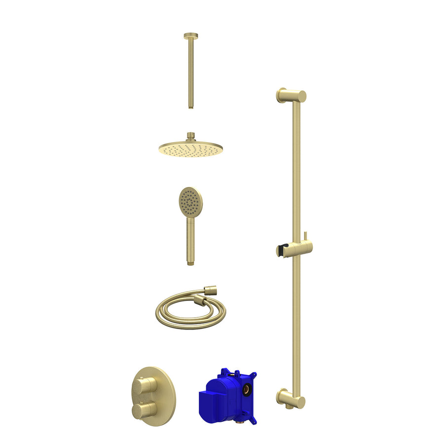 IVY Regendoucheset inbouwthermostaatkraan met 2-weg stop-omstel, plafondbuis 30cm, R20cmME, glijstang met uitlaat, doucheslang 150cm en satin spray handdouche – Gebr. mat goud PVD