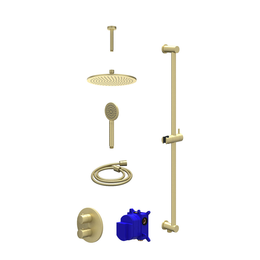 IVY Regendoucheset inbouwthermostaatkraan met 2-weg stop-omstel, plafondbuis 15cm, R25cmME, glijstang met uitlaat, doucheslang 150cm en satin spray handdouche – Gebr. mat goud PVD
