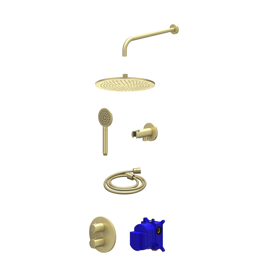 IVY Regendoucheset inbouwthermostaatkraan met 2-weg stop-omstel, wandarm, R30cmME, houder met uitlaat, doucheslang 150cm en satin spray handdouche – Gebr. mat goud PVD
