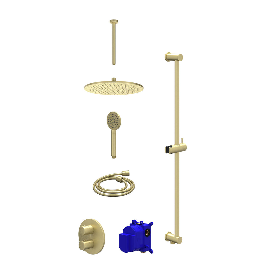 IVY Regendoucheset inbouwthermostaatkraan met 2-weg stop-omstel, plafondbuis 30cm, R30cmME, glijstang met uitlaat, doucheslang 150cm en satin spray handdouche – Gebr. mat goud PVD