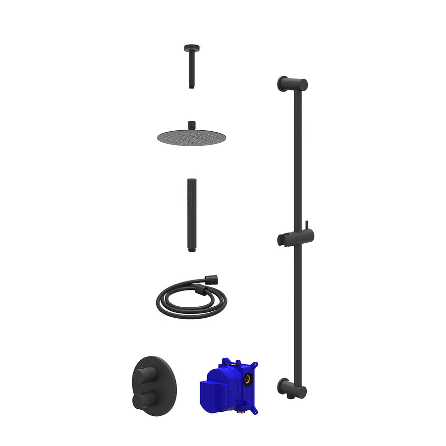 IVY Regendoucheset inbouwthermostaatkraan met 2-weg stop-omstel, plafondbuis 15cm, R20cmSL, glijstang met uitlaat, doucheslang 150cm en staafmodel – Mat zwart PED