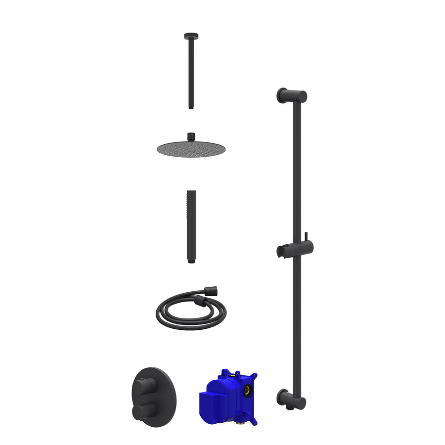 IVY Regendoucheset inbouwthermostaatkraan met 2-weg stop-omstel, plafondbuis 30cm, R20cmSL, glijstang met uitlaat, doucheslang 150cm en staafmodel – Mat zwart PED