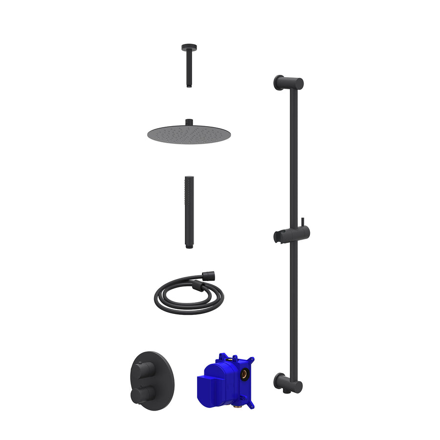 IVY Regendoucheset inbouwthermostaatkraan met 2-weg stop-omstel, plafondbuis 15cm, R25cmSL, glijstang met uitlaat, doucheslang 150cm en staafmodel – Mat zwart PED