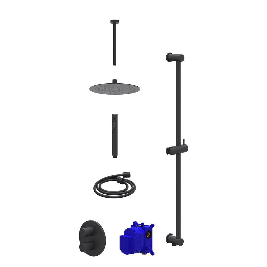 IVY Regendoucheset inbouwthermostaatkraan met 2-weg stop-omstel, plafondbuis 30cm, R25cmSL, glijstang met uitlaat, doucheslang 150cm en staafmodel – Mat zwart PED