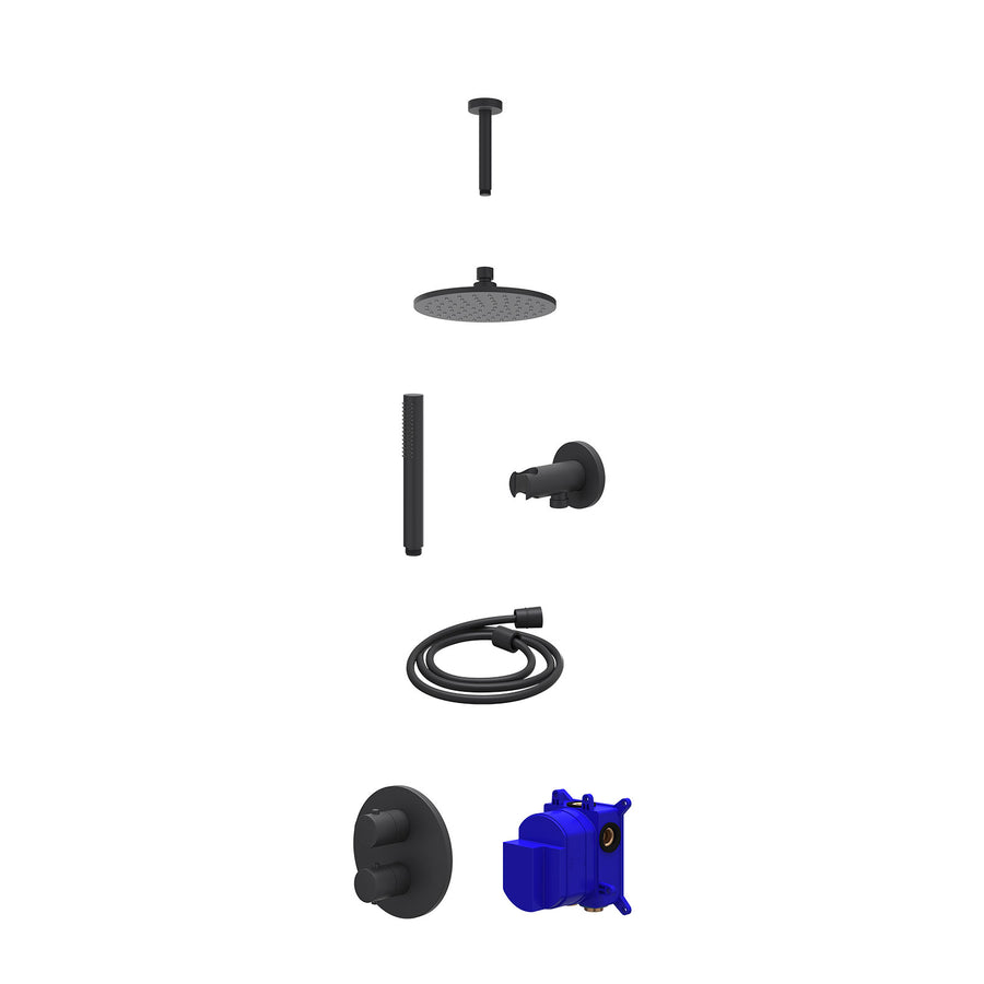 IVY Regendoucheset inbouwthermostaatkraan met 2-weg stop-omstel, plafondbuis 15cm, R20cmME, houder met uitlaat, doucheslang 150cm en staafmodel – Mat zwart PED