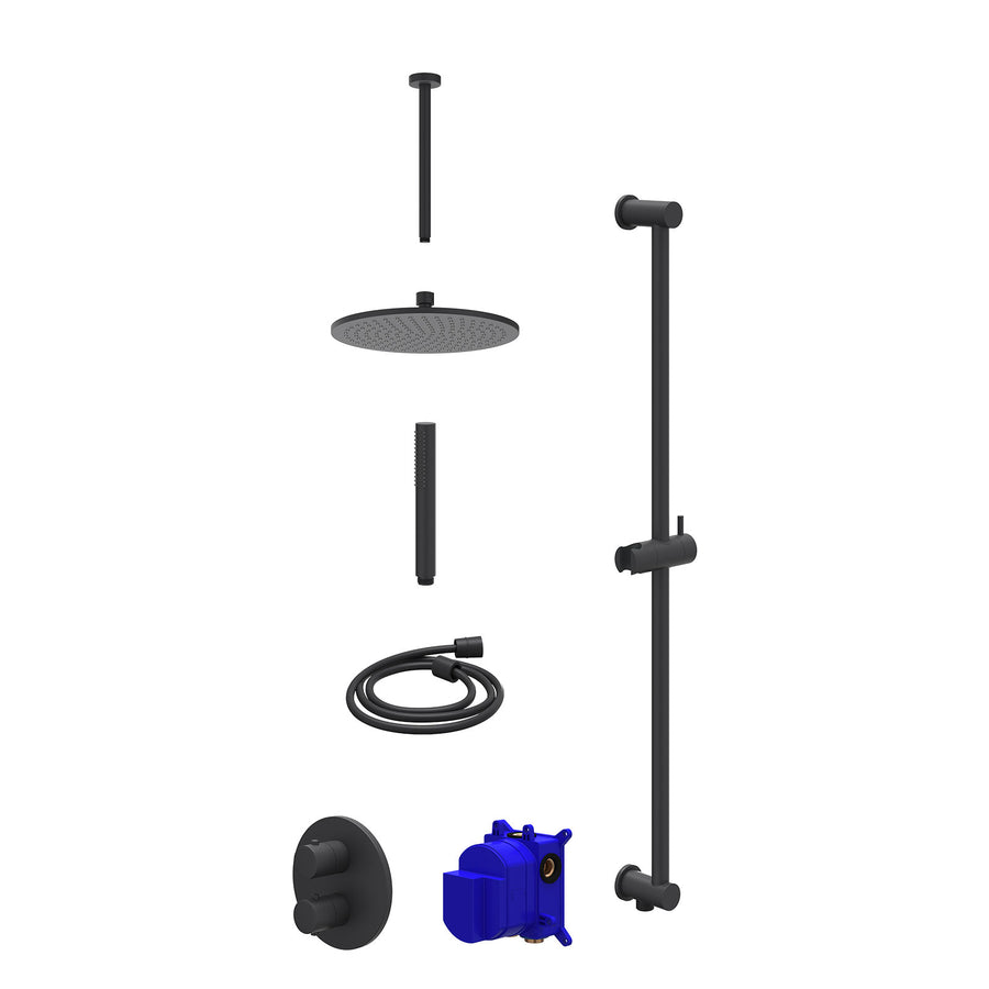 IVY Regendoucheset inbouwthermostaatkraan met 2-weg stop-omstel, plafondbuis 30cm, R25cmME, glijstang met uitlaat, doucheslang 150cm en staafmodel – Mat zwart PED
