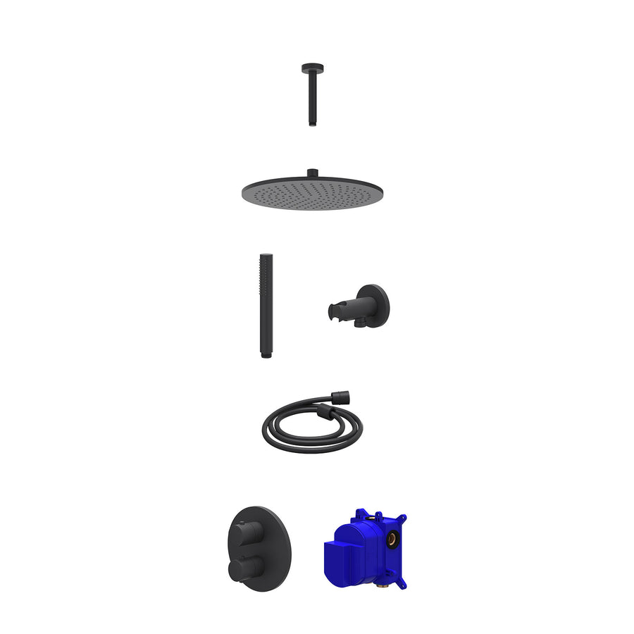 IVY Regendoucheset inbouwthermostaatkraan met 2-weg stop-omstel, plafondbuis 15cm, R30cmME, houder met uitlaat, doucheslang 150cm en staafmodel – Mat zwart PED