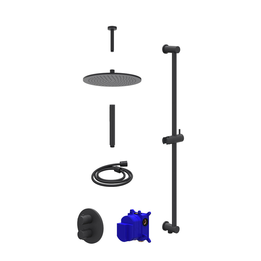 IVY Regendoucheset inbouwthermostaatkraan met 2-weg stop-omstel, plafondbuis 15cm, R30cmME, glijstang met uitlaat, doucheslang 150cm en staafmodel – Mat zwart PED